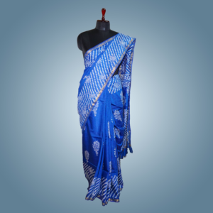 Indigo Saree with Golden Border, Printed with Batik Design