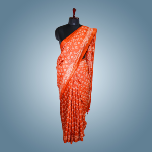 Rusty Orenge Saree with Golden Border, Printed with Batik Design