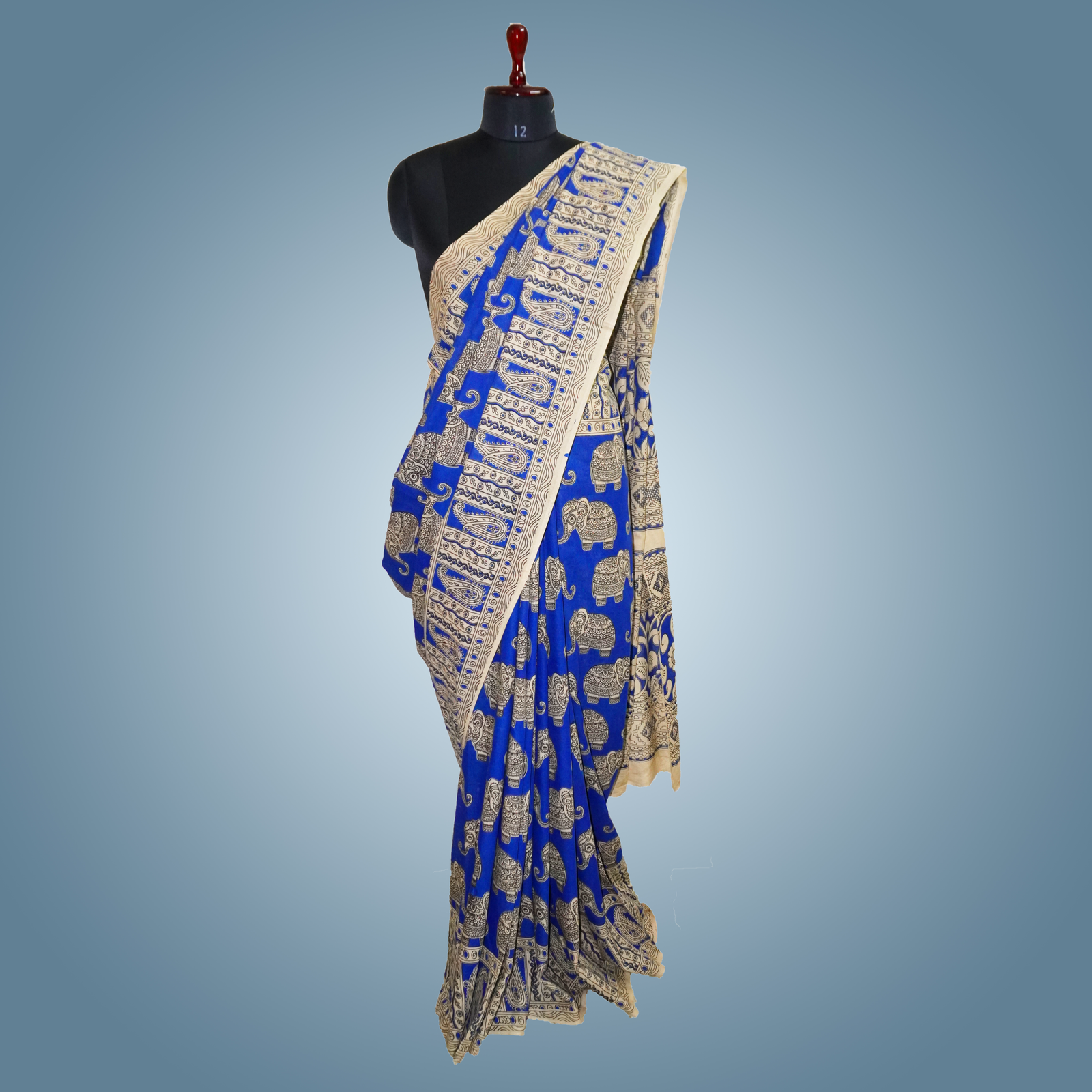 Elephant Kalamkari Cotton Blue Saree