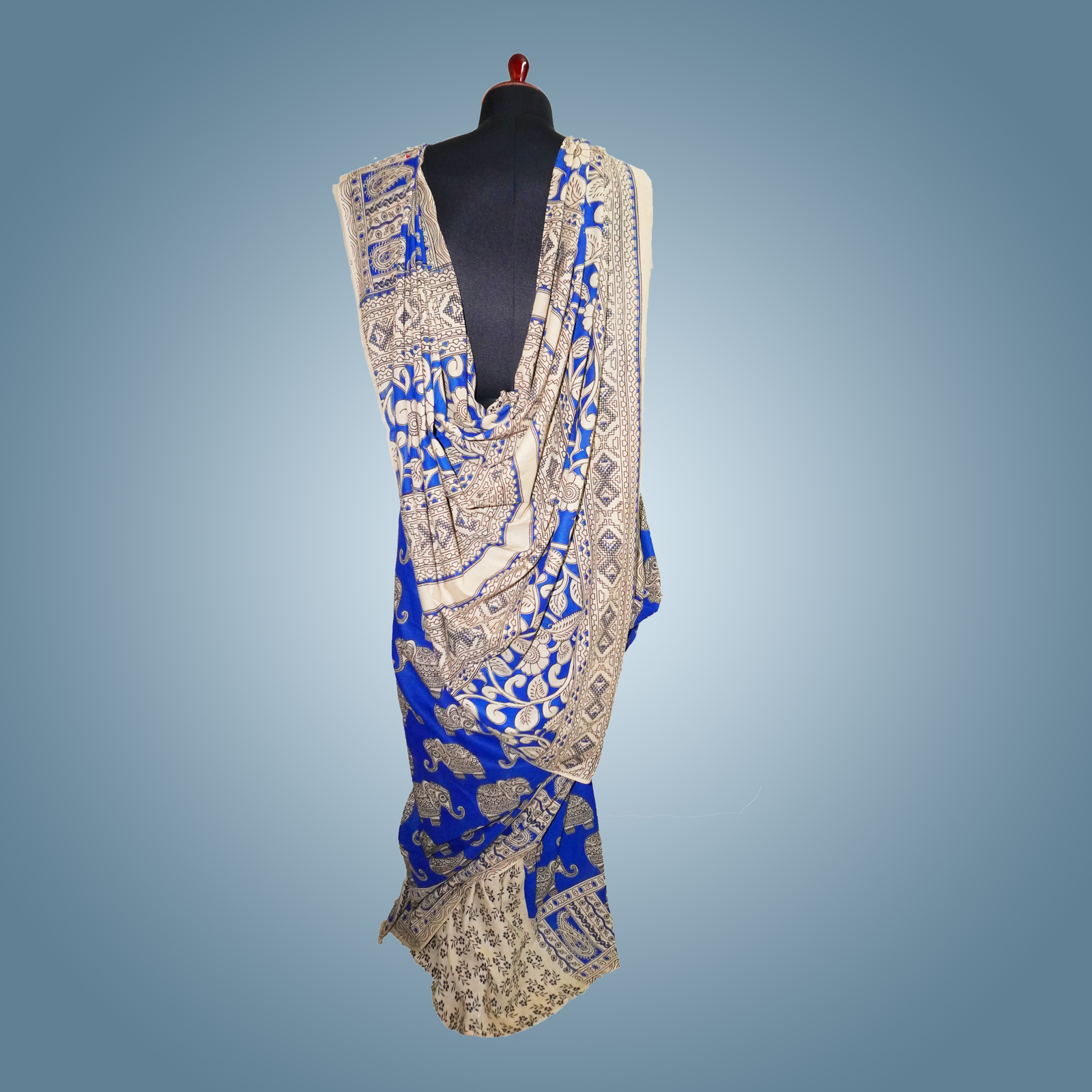 Elephant Kalamkari Cotton Blue Saree - Image 2