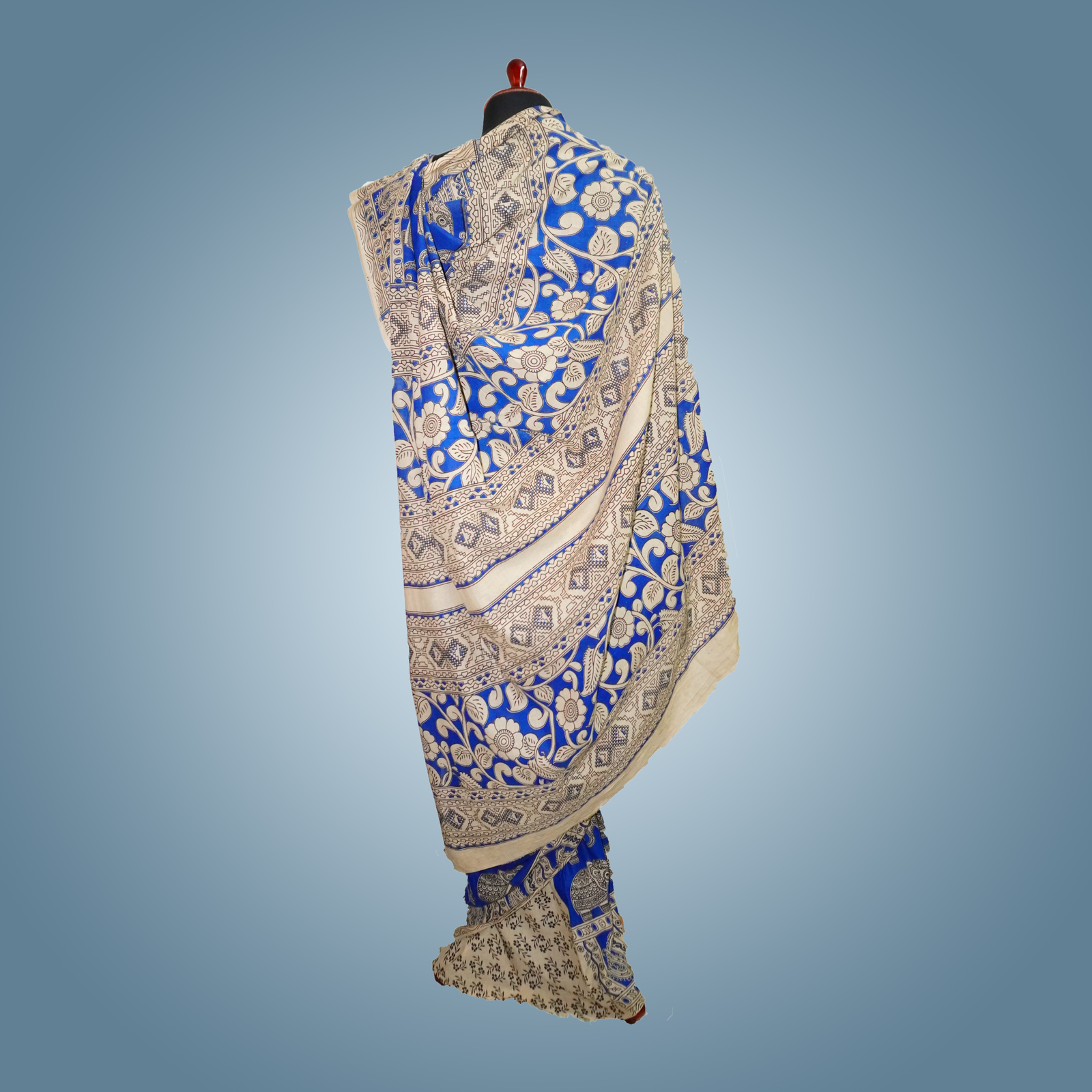 Elephant Kalamkari Cotton Blue Saree - Image 3