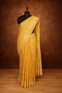 Musturd Yellow Saree with Golden Border, Printed with Batik Design