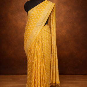 Musturd Yellow Saree with Golden Border, Printed with Batik Design