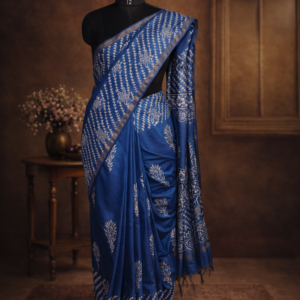 Indigo Saree with Golden Border, Printed with Batik Design