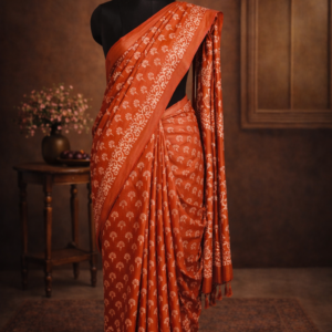 Rusty Orenge Saree with Golden Border, Printed with Batik Design