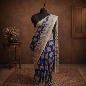 Elephant Kalamkari Cotton Blue Saree