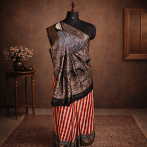 Off-white Saree with Red Lining, adorned with a Golden Zari Black Border and Ajrak Print