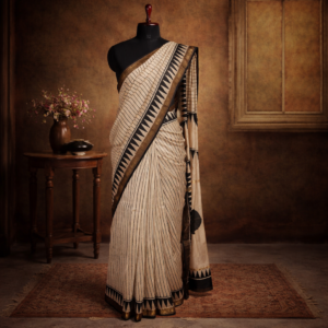 Off white Saree Black Lining featuring a Zari Border and Geometric Handblock Printing