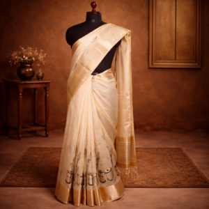 Off White Saree With Golden and Black Embroidery Design