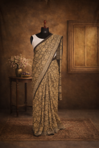Rangloi Inspired Kalamkari Cotton  Earthy Green Saree