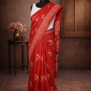 Red Saree with  Golden Border, Printed with Batik Design