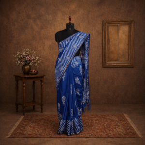 Indigo Saree with Golden Border, Printed with Batik Design
