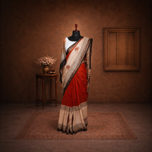 Red Saree featuring a Zari Border and Handblock Printing