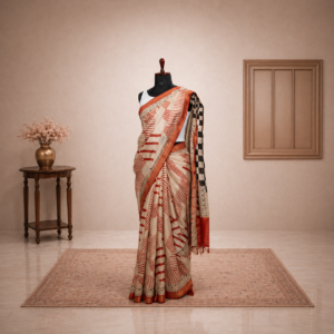 Red Saree featuring a Zari Border and Geometric Handblock Printing