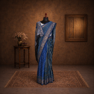 Blue Saree adorned with Golden Zari Work and complemented by Ajrak Print