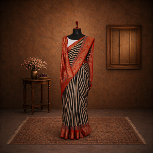 Off-white Saree with Red Lining, adorned with a Golden Zari Red Border and Ajrak Print