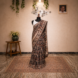 Music Inspired Kalamkari Cotton Black Saree