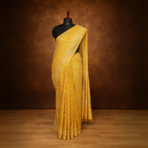 Musturd Yellow Saree with Golden Border, Printed with Batik Design