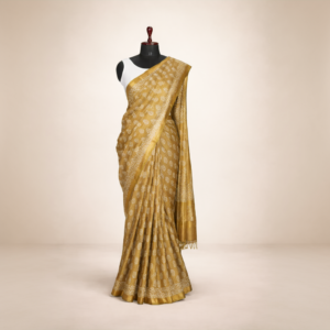 Hot Pink Saree with Golden Border, Printed with Batik Design