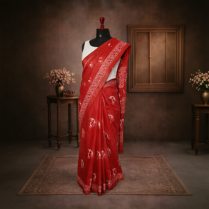 Red Saree with Golden Border, Printed with Batik Design