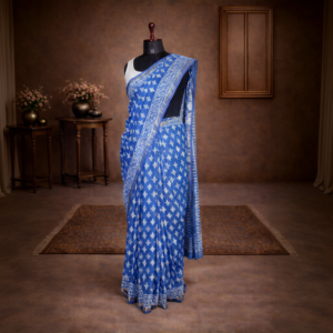 Blue Saree with Golden Border, Printed with Batik Design